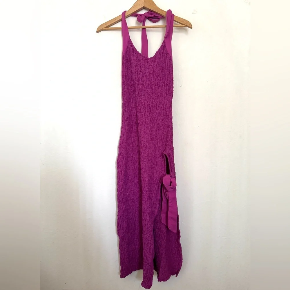 NWOT Free People Sea Foam textured midi dress bodycon tie neck and side slit
